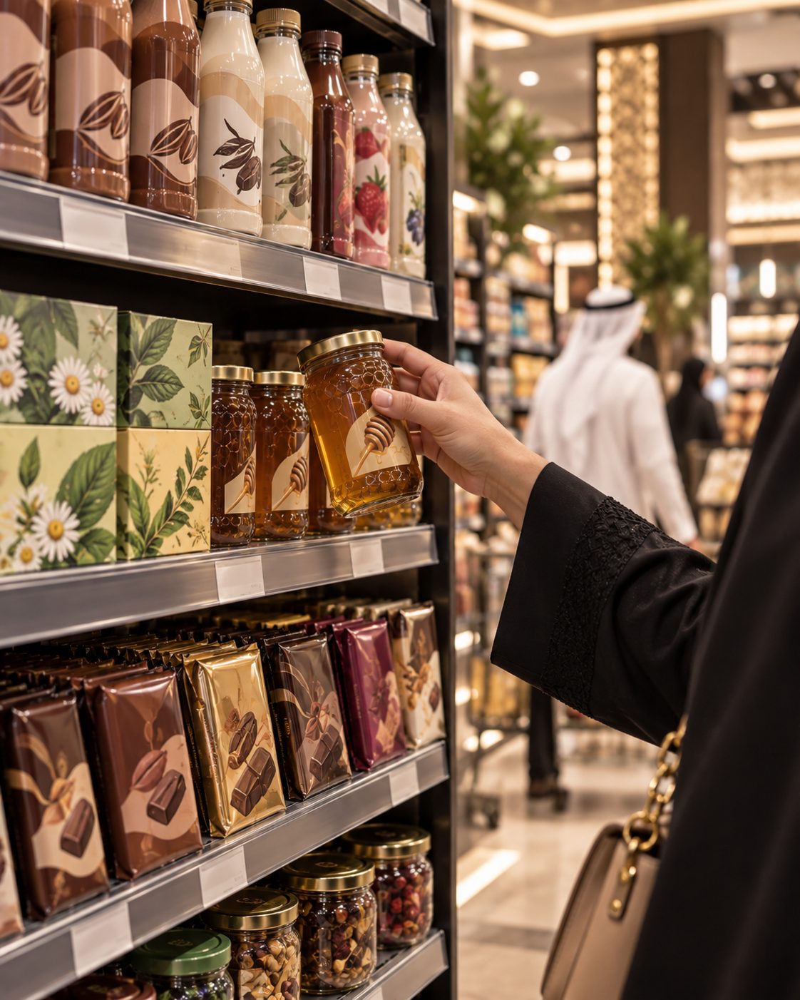 Shopper selecting a jar of honey from the shelf