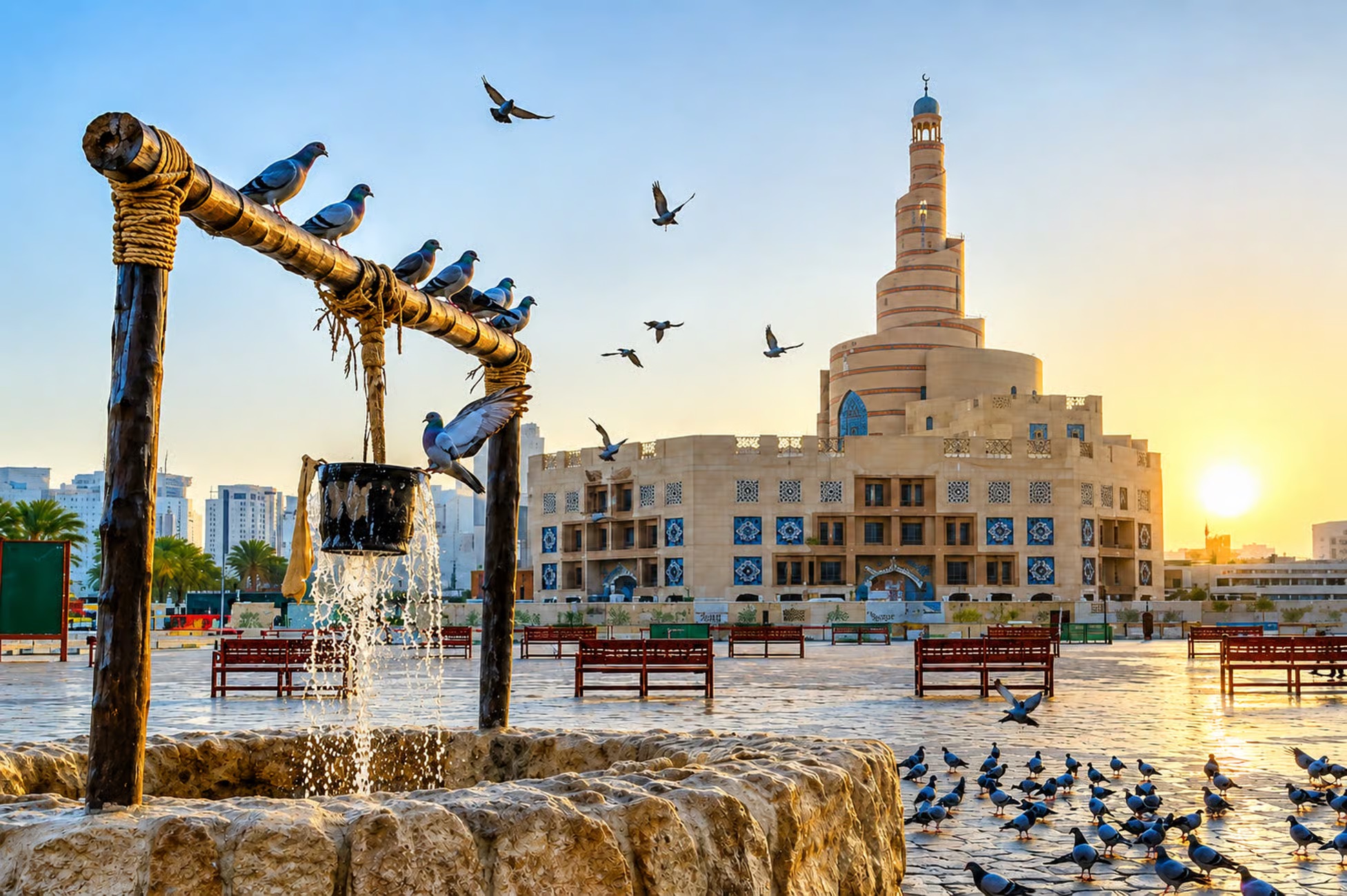 Souq Waqif today — the Fanar spiral minaret and the old well at sunset
